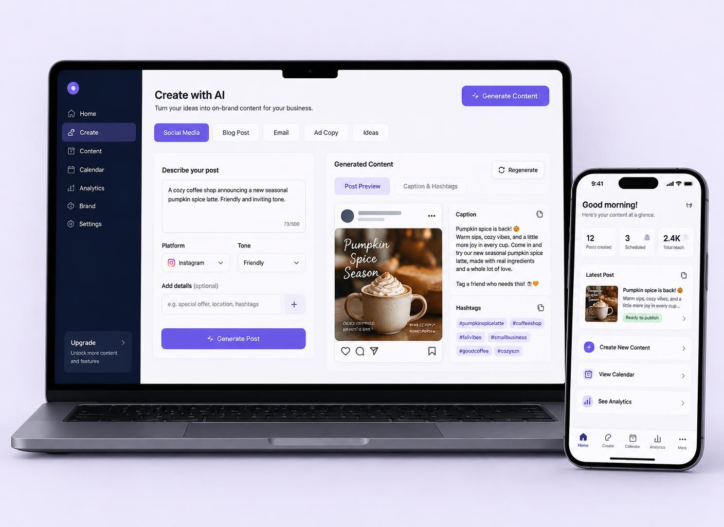 Painel do IA Fácil para Negócios gerando um post